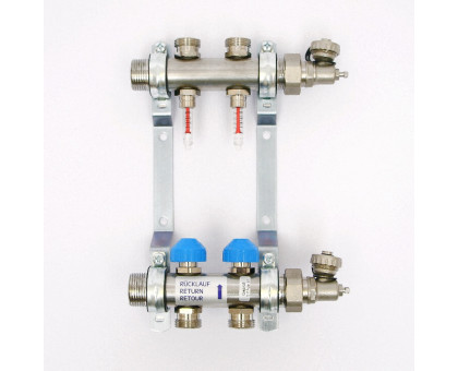 Колл.группа Н 1" х 2 вых 3/4" с расходомерами и термостатическими вентилями, нерж. сталь