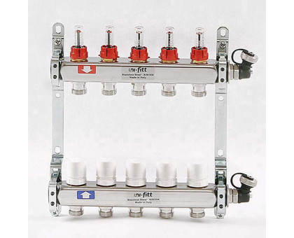 Коллекторная группа из нержавеющей стали с термостатическими вентилями и расходомерами UNI-FITT 1"x3/4"ЕК 5 выходов