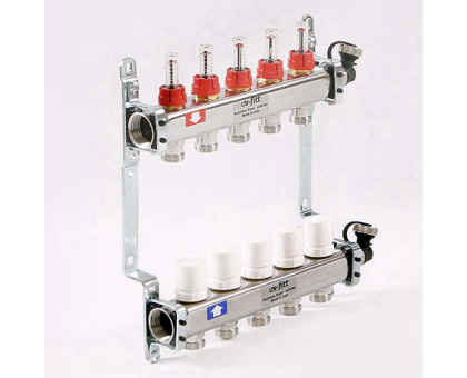 Коллекторная группа из нержавеющей стали с термостатическими вентилями и расходомерами UNI-FITT 1"x3/4"ЕК 5 выходов