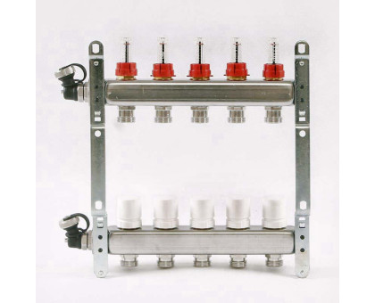 Коллекторная группа из нержавеющей стали с термостатическими вентилями и расходомерами UNI-FITT 1"x3/4"ЕК 5 выходов