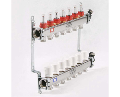 Коллекторная группа из нержавеющей стали с термостатическими вентилями и расходомерами UNI-FITT 1"x3/4"ЕК 7 выходов