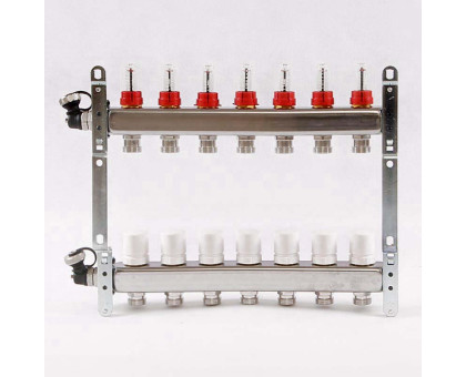 Коллекторная группа из нержавеющей стали с термостатическими вентилями и расходомерами UNI-FITT 1"x3/4"ЕК 7 выходов