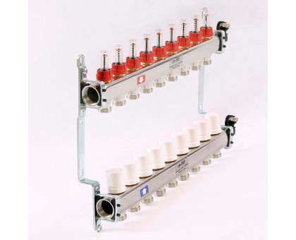 Коллекторная группа из нержавеющей стали с термостатическими вентилями и расходомерами UNI-FITT 1"x3/4"ЕК 9 выходов