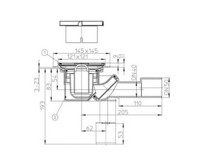 Сифон Hutterer & Lechner для душ. кабины с подрамником 123x123 мм и решеткой из нерж. стали, DN 40/50